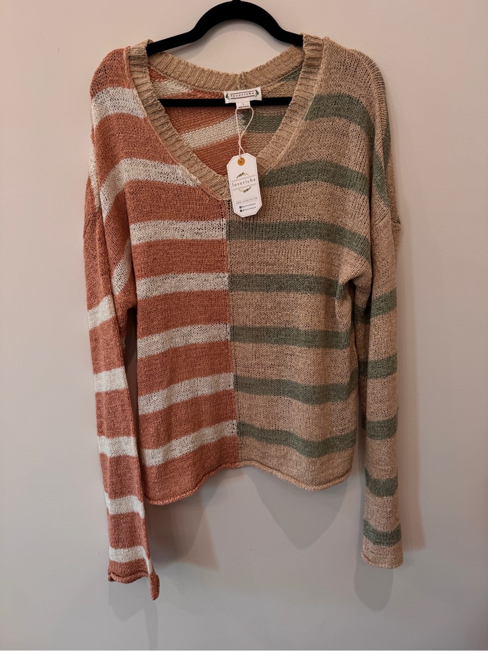 Love Riche Striped V-Neck Sweater in Rust, Sage & Cream